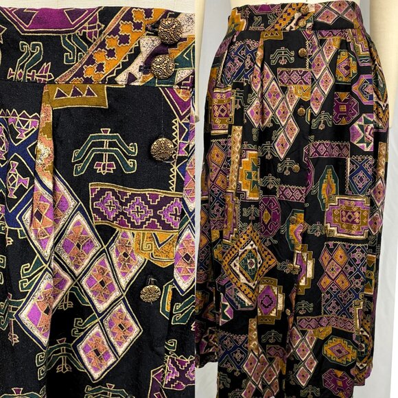 Vintage Dresses & Skirts - Vintage Nissa 90s moody black geometric bohemian folk midi button-up skirt large